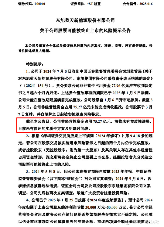 2025年首家：*ST旭蓝锁定面值退市