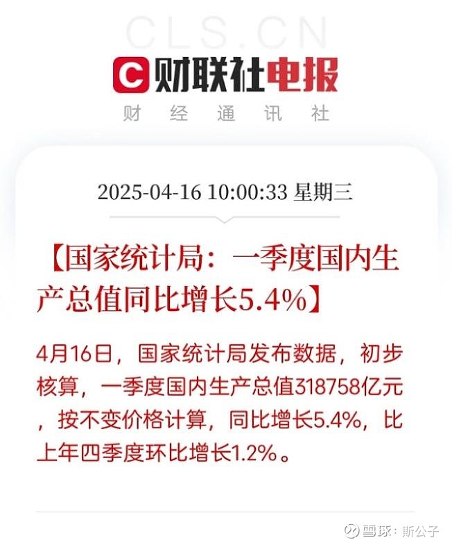 一季度国内生产总值318758亿元，同比增长5.4%