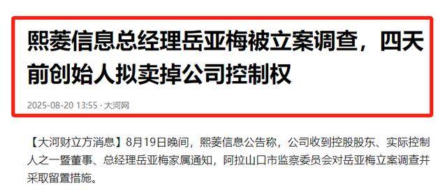 7.2 亿控制权转让协议签后四天，熙菱信息高管岳亚梅突遭立案留置